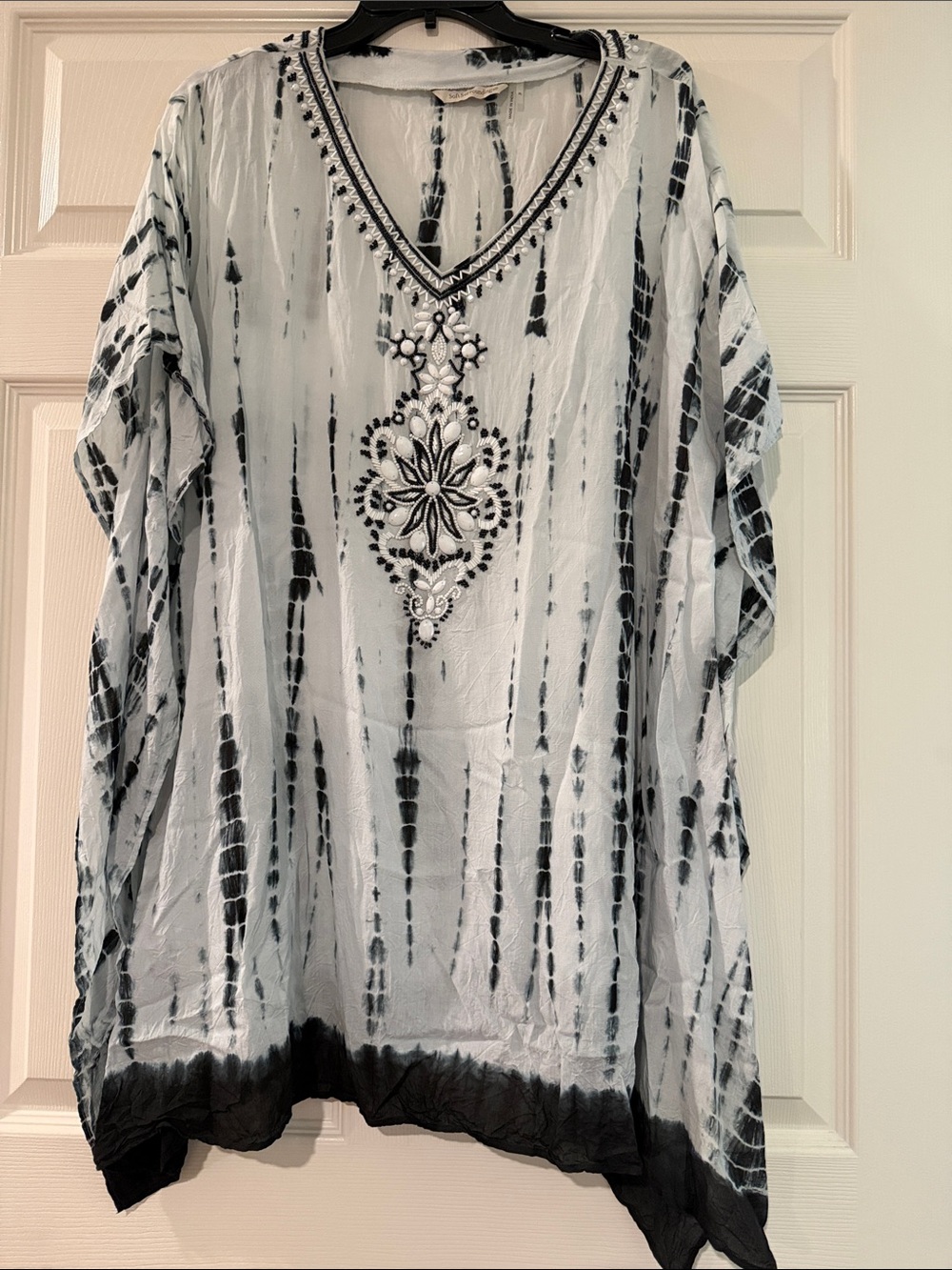 Soft Surroundings Black and White Tie-Dye Embroidered V-Neck Tunic